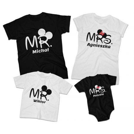 Zestaw koszulek rodzinnych Mrs Mr dla taty, mamy, syna, córki na prezent